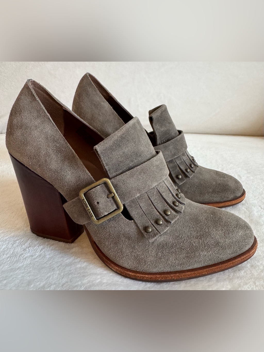 New Kork-Ease Womenâs Prim Pietra Gray/Brown Suede Loafer Heels Size 6m
